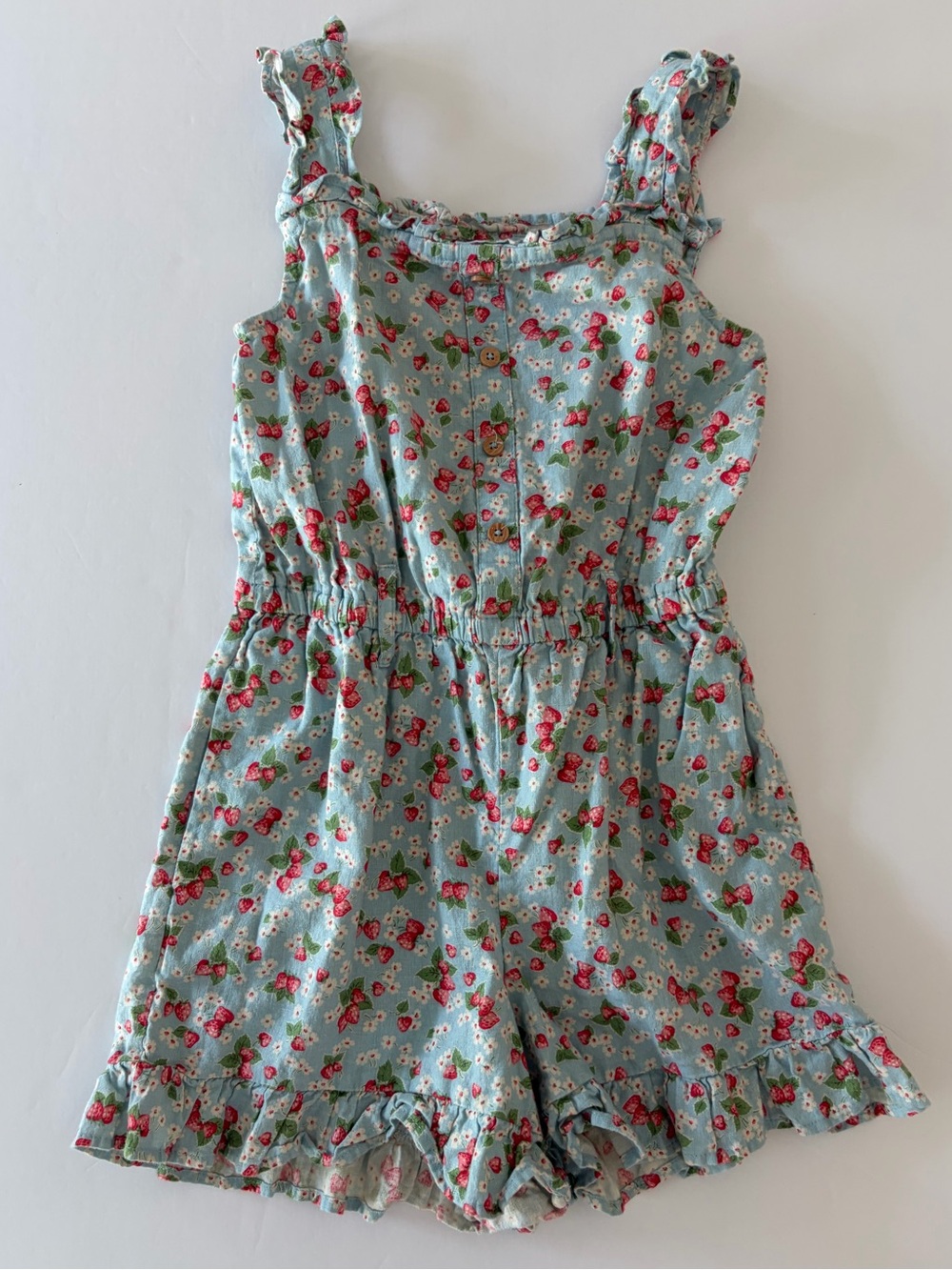 Boden Girls Blue Floral Romper Ruffle Sleeves Shorts Size 7 Cotton Linen Blend